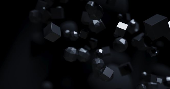 Polygonal objects in dark space, abstract futuristic black background design, 3d rendering.