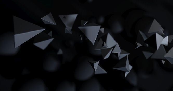 Polygonal objects in dark space, abstract futuristic black background design, 3d rendering.