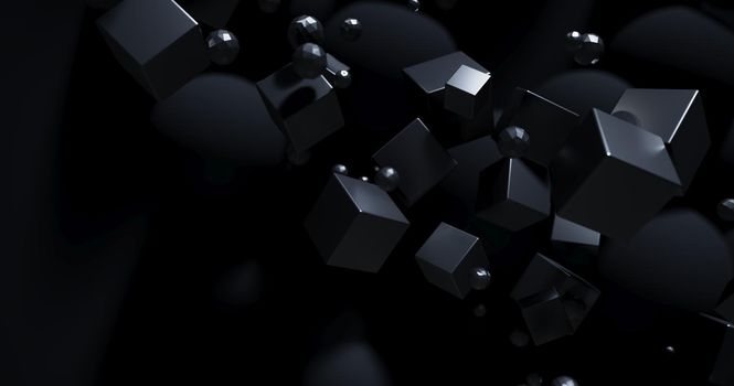 Polygonal objects in dark space, abstract futuristic black background design, 3d rendering.