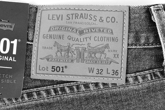 Close up of the details of new LEVI'S 501 Jeans. Seams and denim texture close-up. Classic jeans model. LEVI'S is a brand name of Levi Strauss and Co, founded in 1853. 31.12.2021, Rostov, Russia.