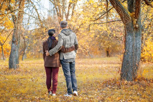 Nice Pair Admires the Amazing Fall Nature Around. Couple Enjoying One Another And the Good Weather Outside. Standing Back to Camera. Autumn Background. Full-length. High quality photo