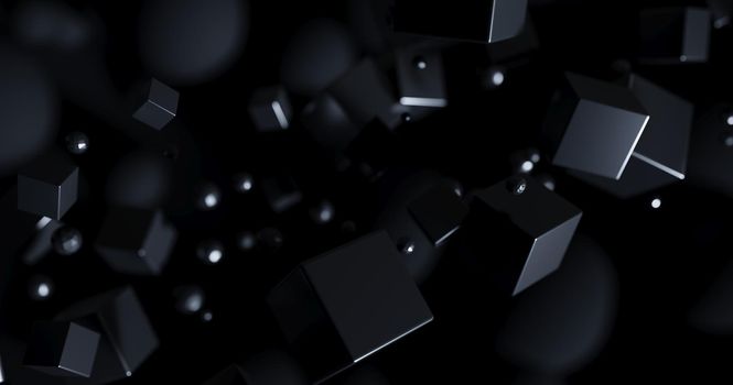 Polygonal objects in dark space, abstract futuristic black background design, 3d rendering.