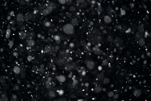 Snowfall on black background. Snowfall in the night sky, real snowflakes fall in the night.
