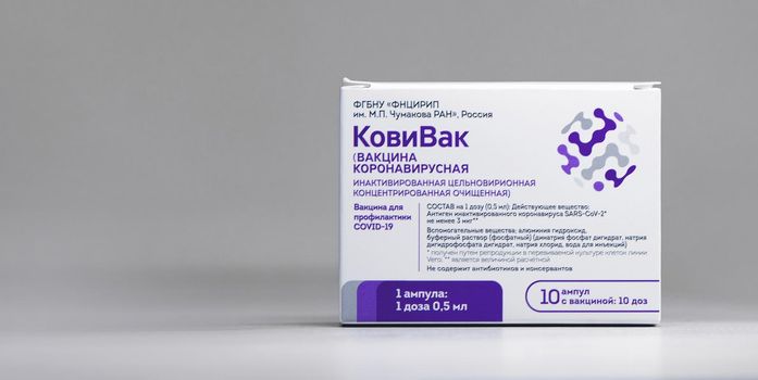 Box with new Russian vaccine against coronavirus SARS-CoV-2, CoviVac. CoviVac is developed by the Chumakov Centre. Vaccine for prevention COVID-19. 26.08.2021, Moscow, Russia.