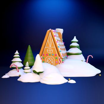 New 2022 Year is coming. Gingerbread house, christmas tree in snow on deep blue background. Set of christmas 3d realistic icons. 3d illustration