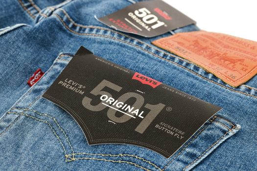 Levi's logo and badges is displayed on Levi Strauss 501 jeans. New LEVI'S 501 Jeans. Classic jeans model. 31.12.2021, Rostov, Russia.
