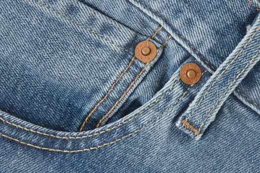 Close up of details of new LEVI'S 501 Jeans. Buttons and seams and pockets close-up. Classic jeans model. LEVI'S is a brand name of Levi Strauss and Co, founded in 1853. 31.12.2021, Rostov, Russia.