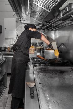 Side view of female chef working in commercial kitchen. High quality photography