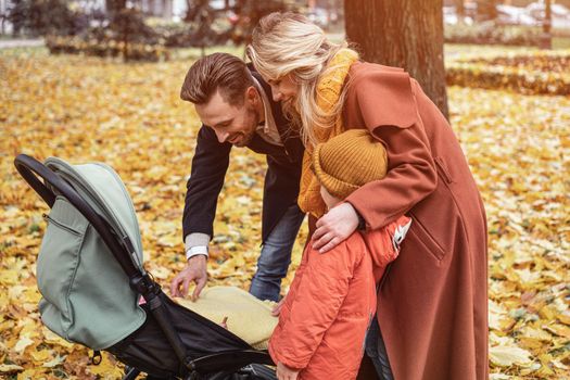 A young family is walking in an autumn park with a son and a newborn baby in a stroller. Family outdoors in a golden autumn park. Tinted image.