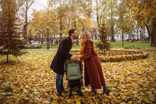 Family walking in an autumn park with a newborn baby in a stroller. Family outdoors in a golden autumn park. Tinted image.