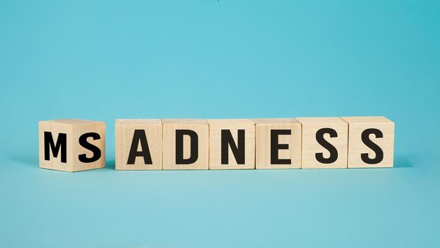 Madness and sadness on wooden cubes, dice or blocks with madness and sadness on blue background.