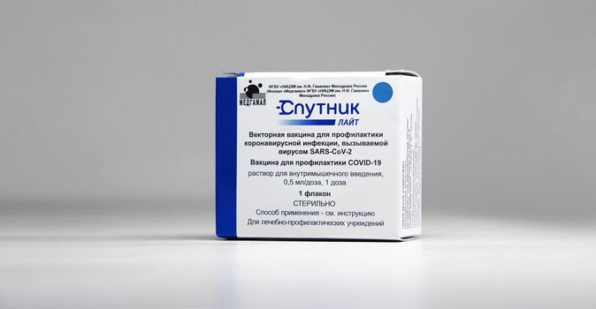 Box with new Russian vaccine against coronavirus SARS-CoV-2, Sputnik Lite. Vaccine for prevention COVID-19. 26.08.2021, Moscow, Russia.