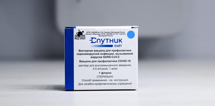 Box with new Russian vaccine against coronavirus SARS-CoV-2, Sputnik Lite. Vaccine for prevention COVID-19. 26.08.2021, Moscow, Russia.