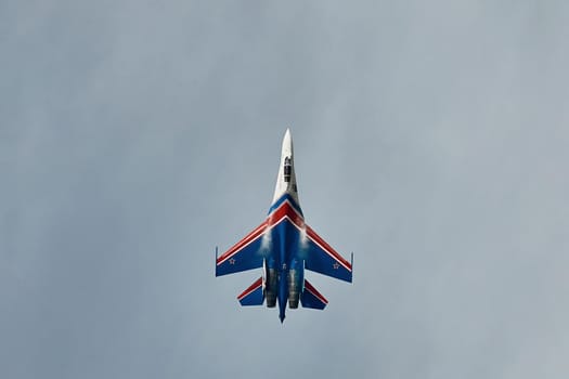 Performance of the aerobatic team Russian Knights, Russian Air Force. On planes Sukhoi Su-30SM, NATO code name: Flanker-C. International Military-Technical Forum Army-2020 . 09.25.2020, Moscow, Russia