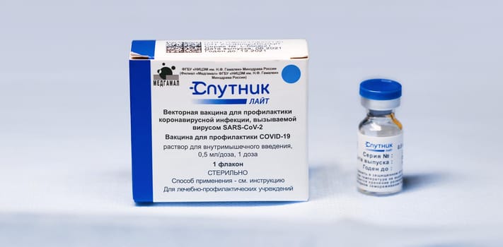 Box and ampoules with new Russian vaccine against coronavirus SARS-CoV-2, Sputnik Lite. Vaccine for prevention COVID-19. 26.08.2021, Moscow, Russia.