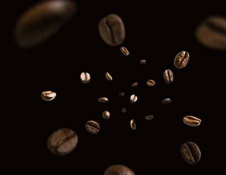 Coffee beans in flight on a dark background.
