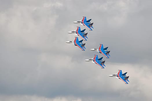 Performance of the aerobatic team Russian Knights, Russian Air Force. On planes Sukhoi Su-30SM, NATO code name: Flanker-C. International Military-Technical Forum Army-2020 . 09.25.2020, Moscow, Russia