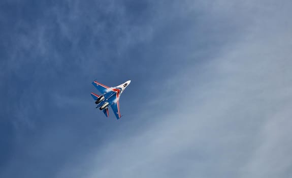 Performance of the aerobatic team Russian Knights, Russian Air Force. On planes Sukhoi Su-30SM, NATO code name: Flanker-C. International Military-Technical Forum Army-2020 . 09.25.2020, Moscow, Russia
