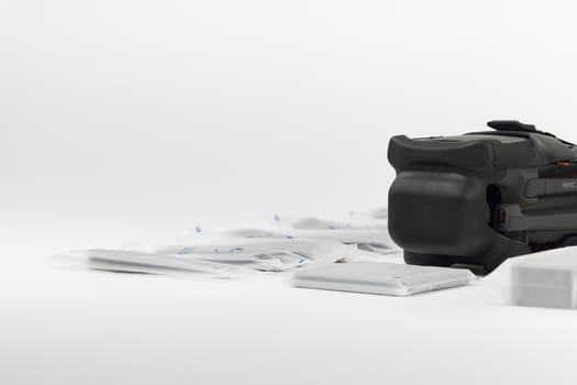 New DJI Mavic 3 drone on a white background when unpacking. Dajiang Innovations Technology Co., Ltd (DJI) world leader developer and manufacturers in UAV. 17.12.2021, Rostov region, Russia.