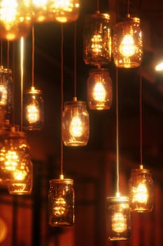 Light bulbs in glass jars. Cozy, warm atmosphere. Light Creative Decor.