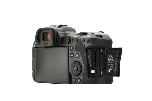 Canon EOS R5 Mirrorless Digital Camera with 8k raw video on a white background. One of the most powerful mirrorless cameras on the market. 03.04.2021, Rostov region, Russia.