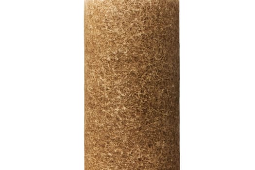 Dirty water filter on a white background. A coarse water filter, from a multi-stage purification system, after several months of operation. Used dirty water filters.