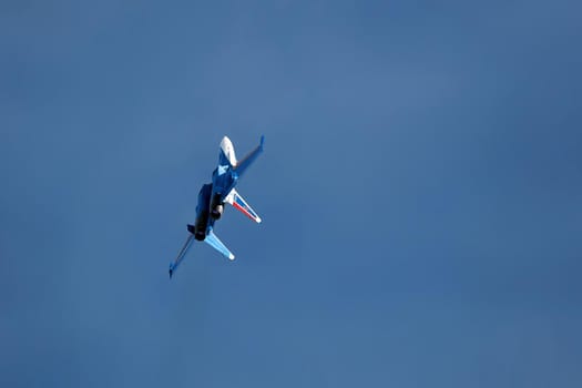 Performance of the aerobatic team Russian Knights, Russian Air Force. On planes Sukhoi Su-30SM, NATO code name: Flanker-C. International Military-Technical Forum Army-2020 . 09.25.2020, Moscow, Russia