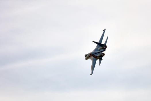 Performance of the aerobatic team Russian Knights, Russian Air Force. On planes Sukhoi Su-30SM, NATO code name: Flanker-C. International Military-Technical Forum Army-2020 . 09.25.2020, Moscow, Russia