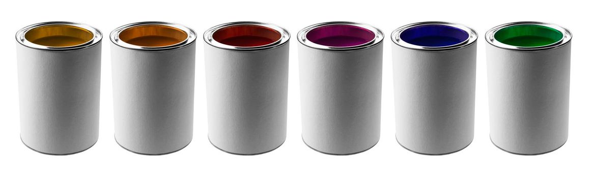 Cans with different colors of paints on a white background.