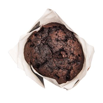 Closeup of a Magdalena Typical Spanish Chocolate Muffin. Sweet Food or Dessert. One Fresh Baked Muffin Isolated on White Background in American Style. Irresistible Tasty Cake.
