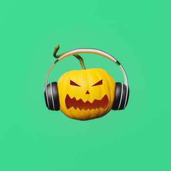 halloween pumpkin with angry face and headphones on green background. musical avatar. 3d rendering