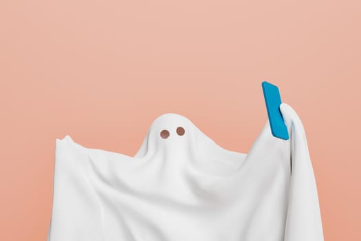 close up of a ghost taking a selfie with a smartphone. halloween concept and social media. 3d rendering