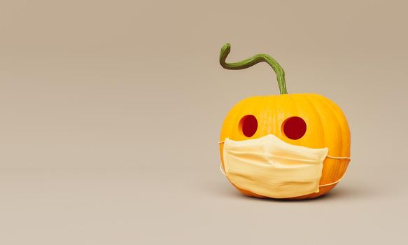 halloween pumpkin with medical mask on beige background. autumn concept of halloween 2021 in pandemic. 3d rendering