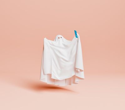 ghost taking a selfie with a smartphone. minimal Halloween concept and social media. 3d rendering