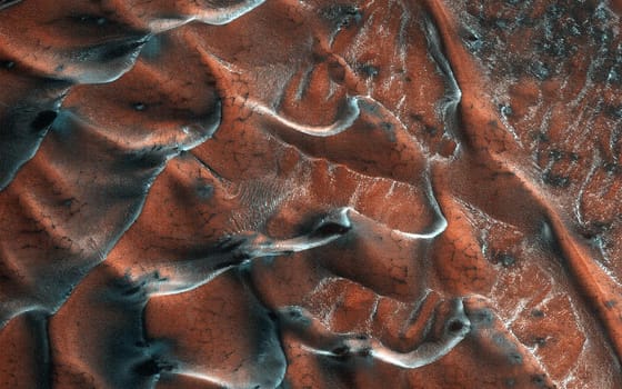 Frosty Sand Dunes of Mars. Fantastic martian landscape in rusty orange shades, Mars surface, Desert, Cliffs, sand. Alien landscape. Red planet mars. Elements of image furnished by NASA.