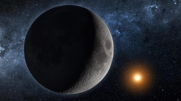 sun and moon in space against the background of the star sky. Astronomy and science concept. Elements of image furnished by NASA.