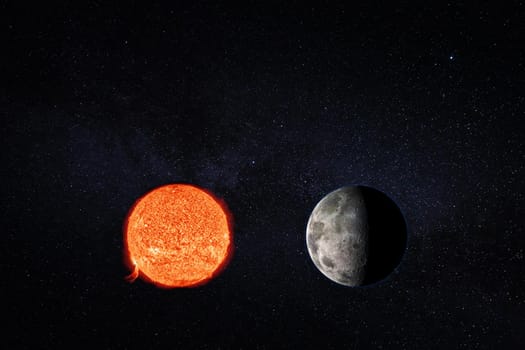 sun and moon in space against the background of the star sky. Astronomy and science concept. Elements of image furnished by NASA.