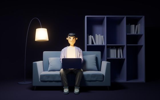 A cartoon man working in sofa, 3d rendering. Computer digital drawing.