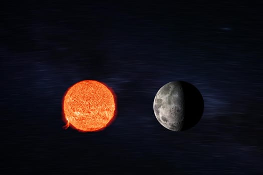 sun and moon in space against the background of the star sky. Astronomy and science concept. Elements of image furnished by NASA.