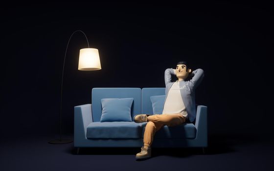 A cartoon man relax in the sofa, 3d rendering. Computer digital drawing.