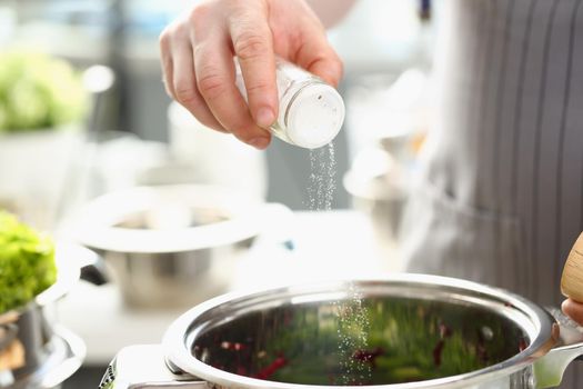 Close-up of professional cook hold saltcellar and add salt to soup against kitchen background. Chef follow recipe, nutritious meal. Cooking, hobby concept