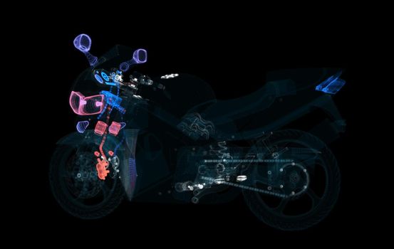 Abstract motorcycle consisting of glow points and lines. 3d illustration. Sport, transportation and techology concept