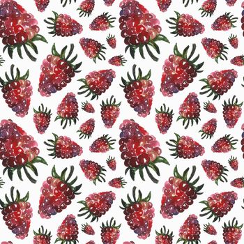 Watercolor seamless pattern with juicy raspberries. Ideal for printing on fabric, gift paper, wallpaper and children's textiles.