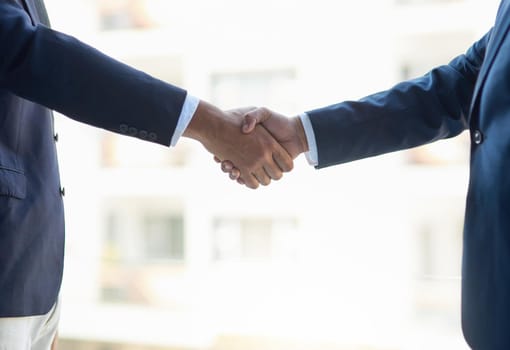 Shot of two unidentifiable businessmen shaking hands in the office.