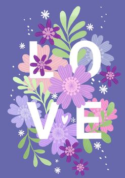 Poster A4 trendy floral design with the inscription LOVE in very peri lavender color. Perfect greeting card or invitation.