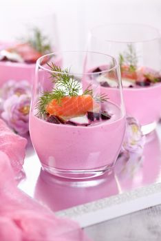 Salmon with beetroot mousse with the most delicate, soft texture combined with horseradish and cream cheese is a wonderful combination of taste. A delicious holiday appetizer.