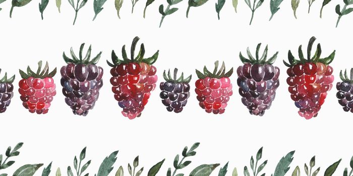 Seamless banner with watercolor berries. Raspberry and blackberry. Green twigs and leaves. The illustration is ideal for printing on textiles, paper, kitchen utensils, dishes and more.