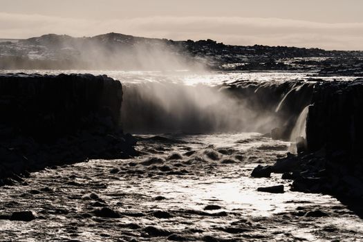 Selfoss waterfall back light long exposure