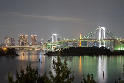 Night view Tokyo Skyline with Rainbow bridge, Long exposure