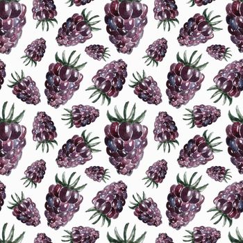 Seamless pattern with watercolor berries. Juicy watercolor blackberry. The illustration is ideal for printing on textiles, paper, kitchen utensils, dishes and more.
